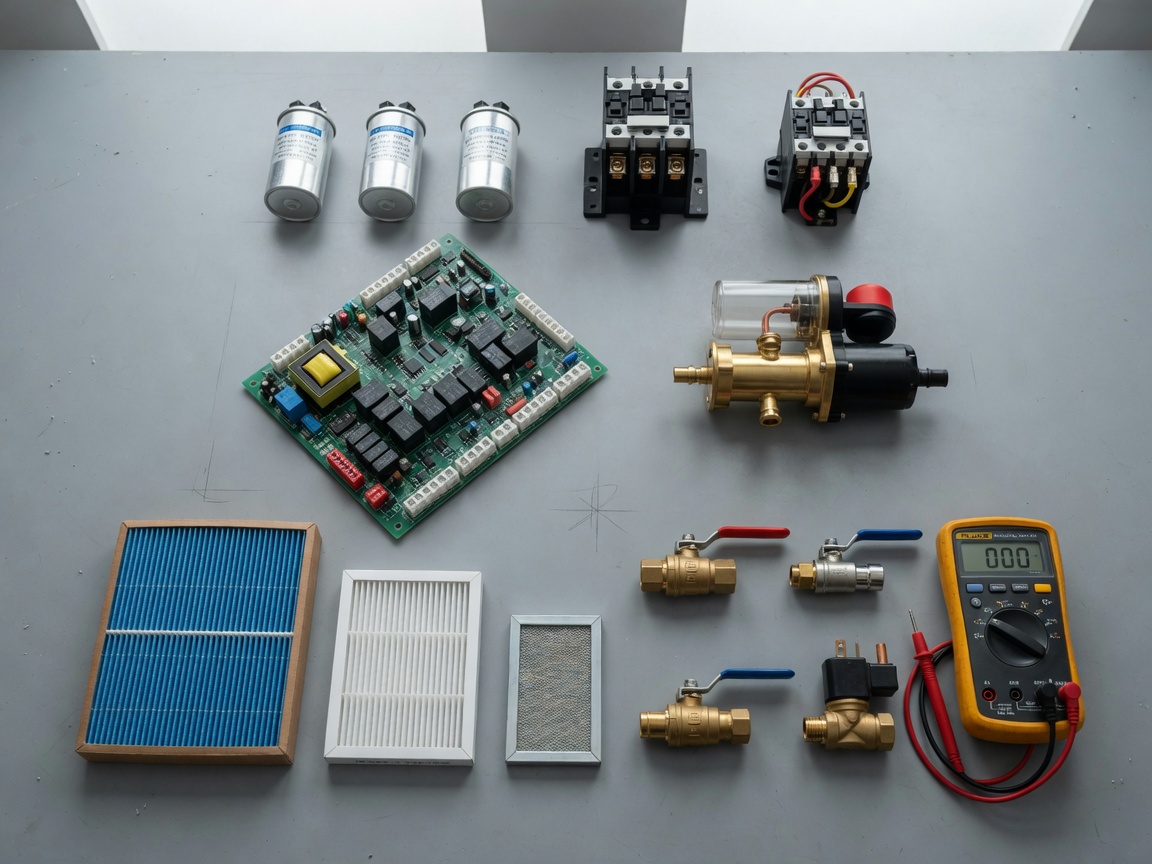 Visual parts catalog of capacitors, contactors, boards, filters, valves, and a meter