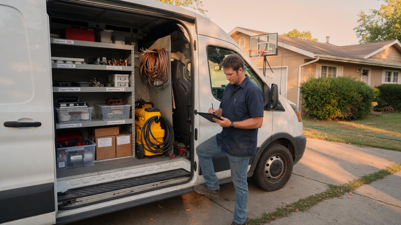 Service technician checking inventory at an organized HVAC van in a residential driveway