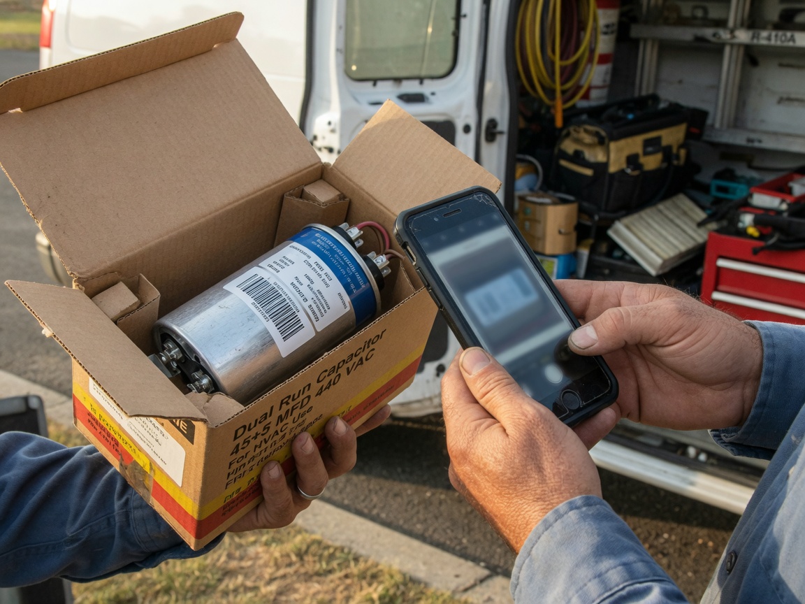 Technician scanning a capacitor barcode with a phone beside the van