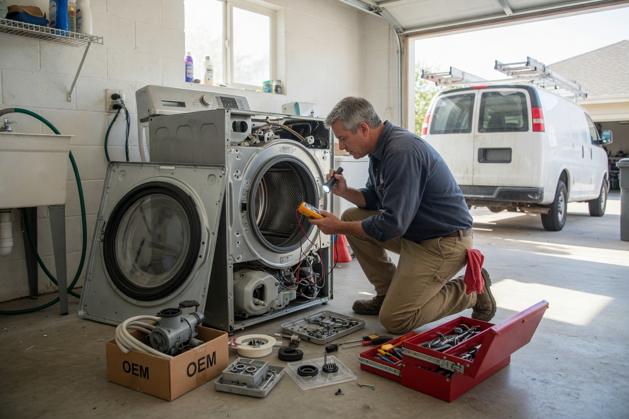 Appliance technician repairing a washer with OEM parts nearby