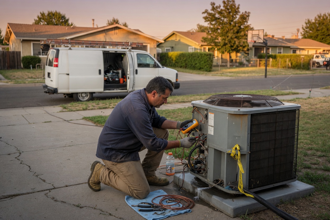 HVAC technician servicing an outdoor condensing unit