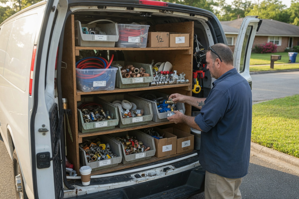 Plumber selecting fittings from an organized work van